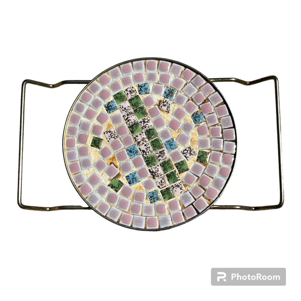 Vintage MCM Mosaic Tile Trivet w/ Metal Handles